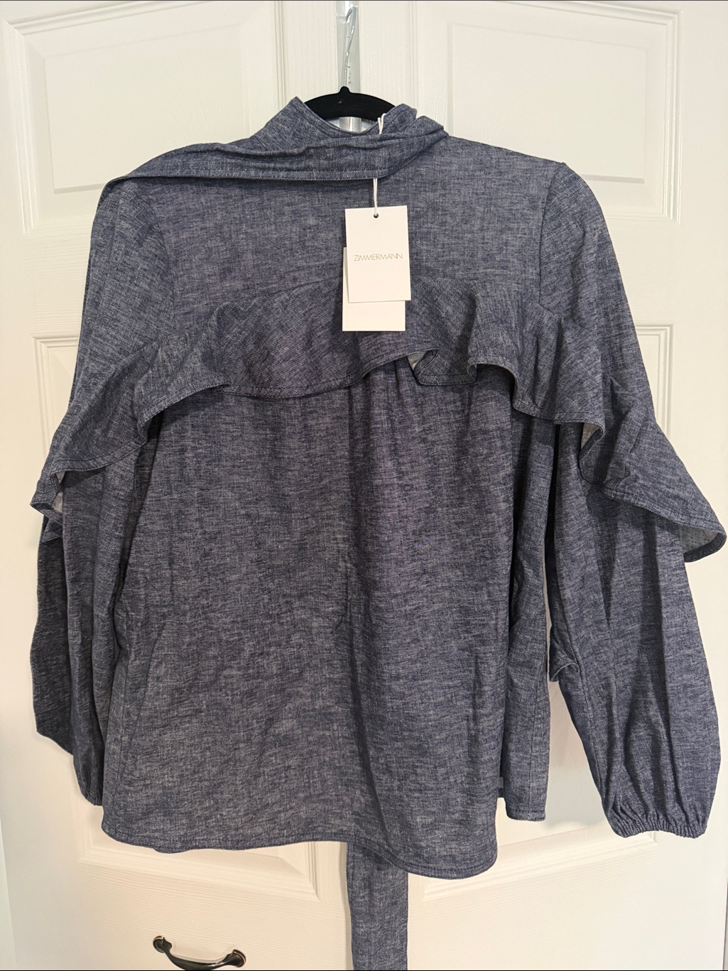 Zimmermann Blue Denim Puff-Sleeve Tie-Neck Blouse